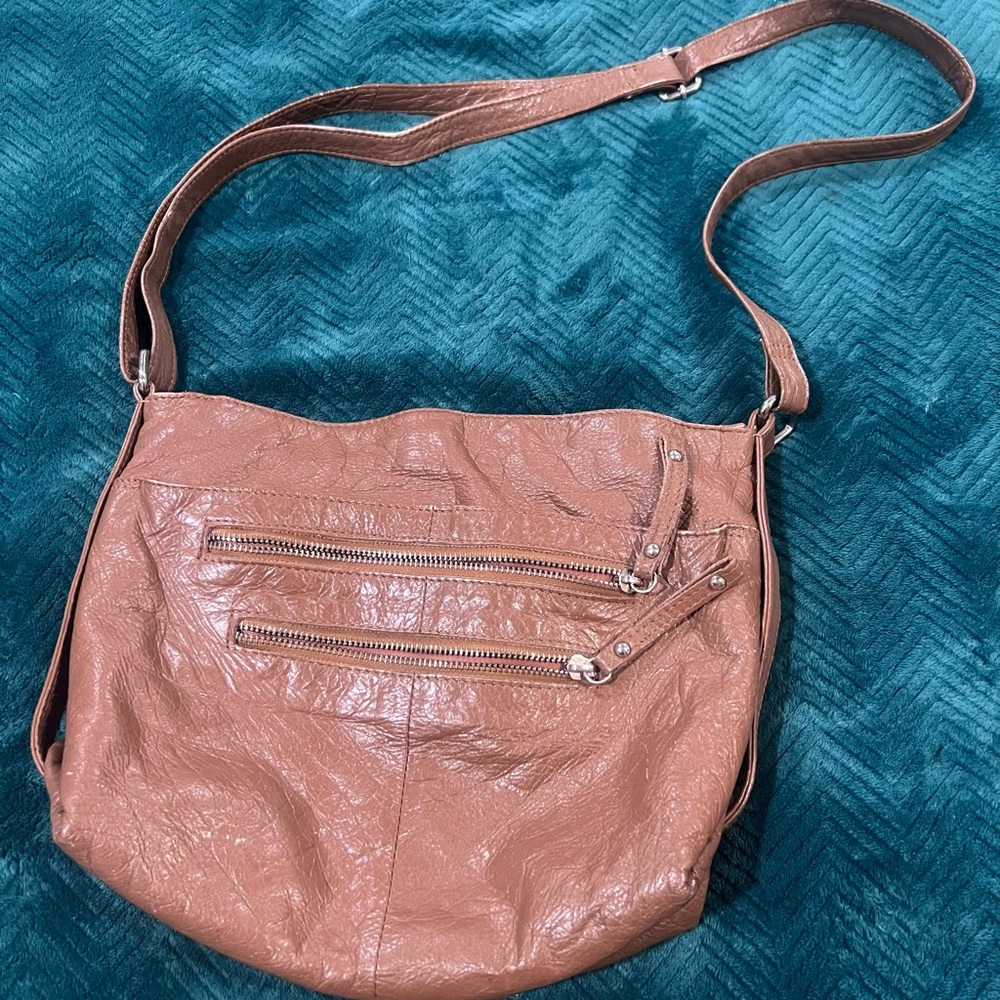 Vintage Crossbody Bag Cognac Leather Multi Pocket Retro Adjustable Zip Closure